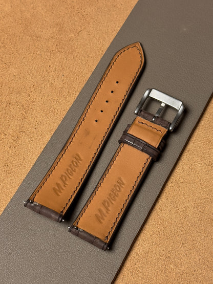 Ręcznie robiony pasek ze skóry krokodyla - ciemnobrązowy nubuk