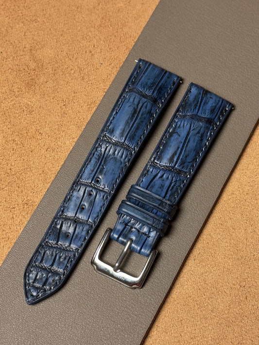 Ręcznie robiony pasek ze skóry krokodyla - two-tone granatowy