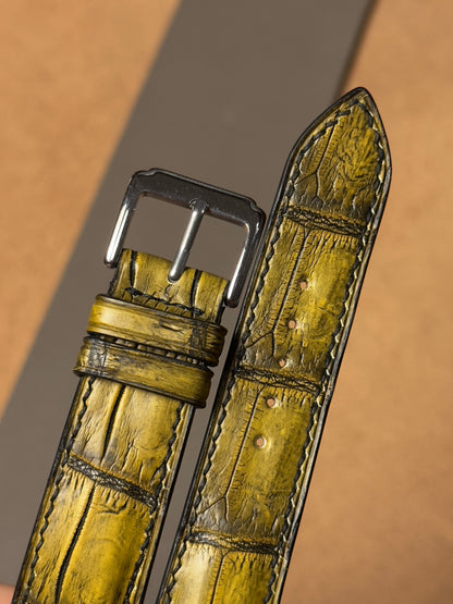 Ręcznie robiony pasek ze skóry krokodyla - żółto-czarny