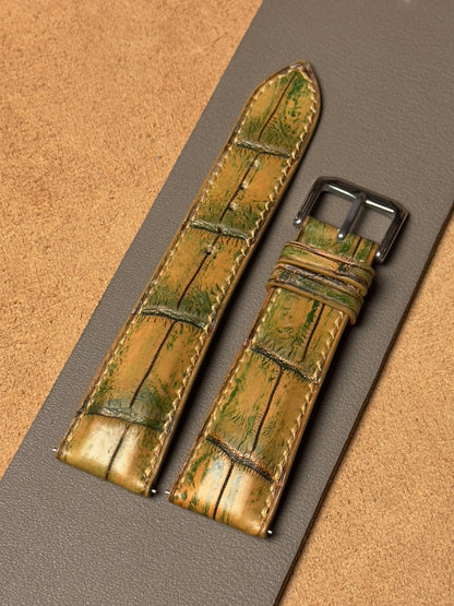 Ręcznie robiony pasek ze skóry krokodyla - żółto-zielony