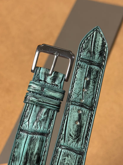 Ręcznie robiony pasek ze skóry krokodyla - zielono-czarny